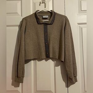 Tan and Brown-Colored Cropped Long Sleeve Thin Collared Shirt Size Large